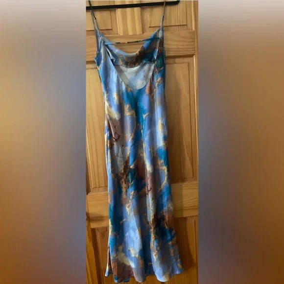 Micas Marble Print Satin Slip Dress Blue Brown Cowl Neck Midi Size M - Picture 13 of 13